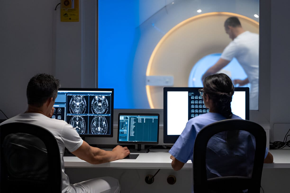 MRI radiologists sitting in the control room