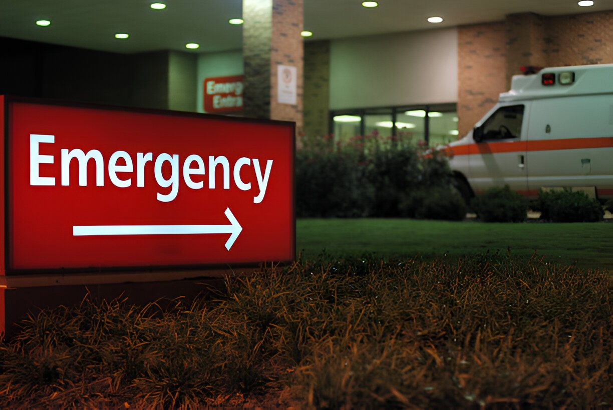 Medical emergency sign in front of ambulance