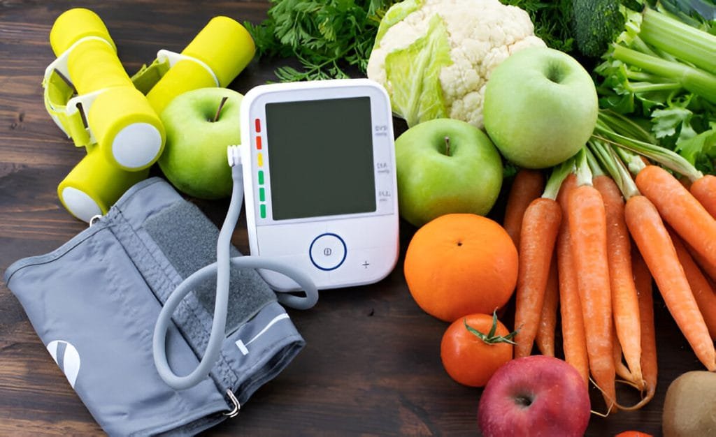blood pressure monitor, vegetables and fruits