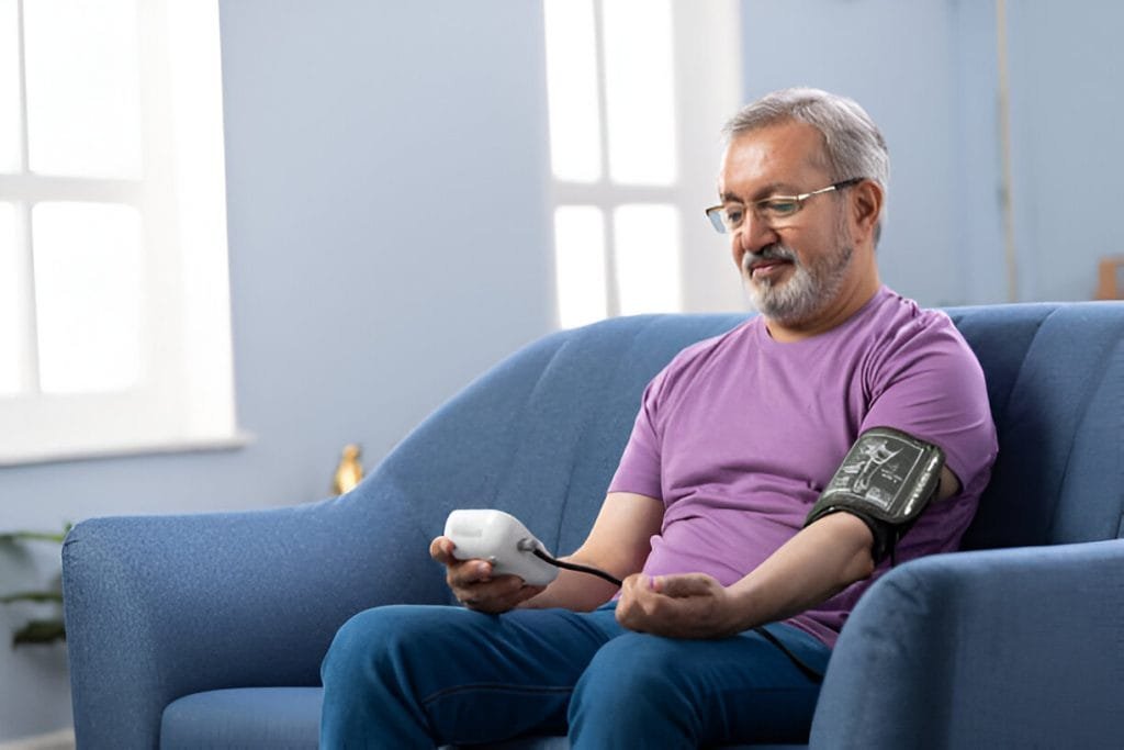 man measuring his own blood pressure